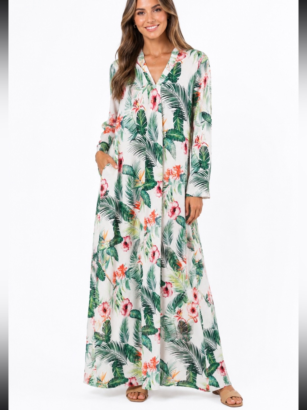 Roxy White Maxi beach cover up with Green Palm & Pink Floral Print